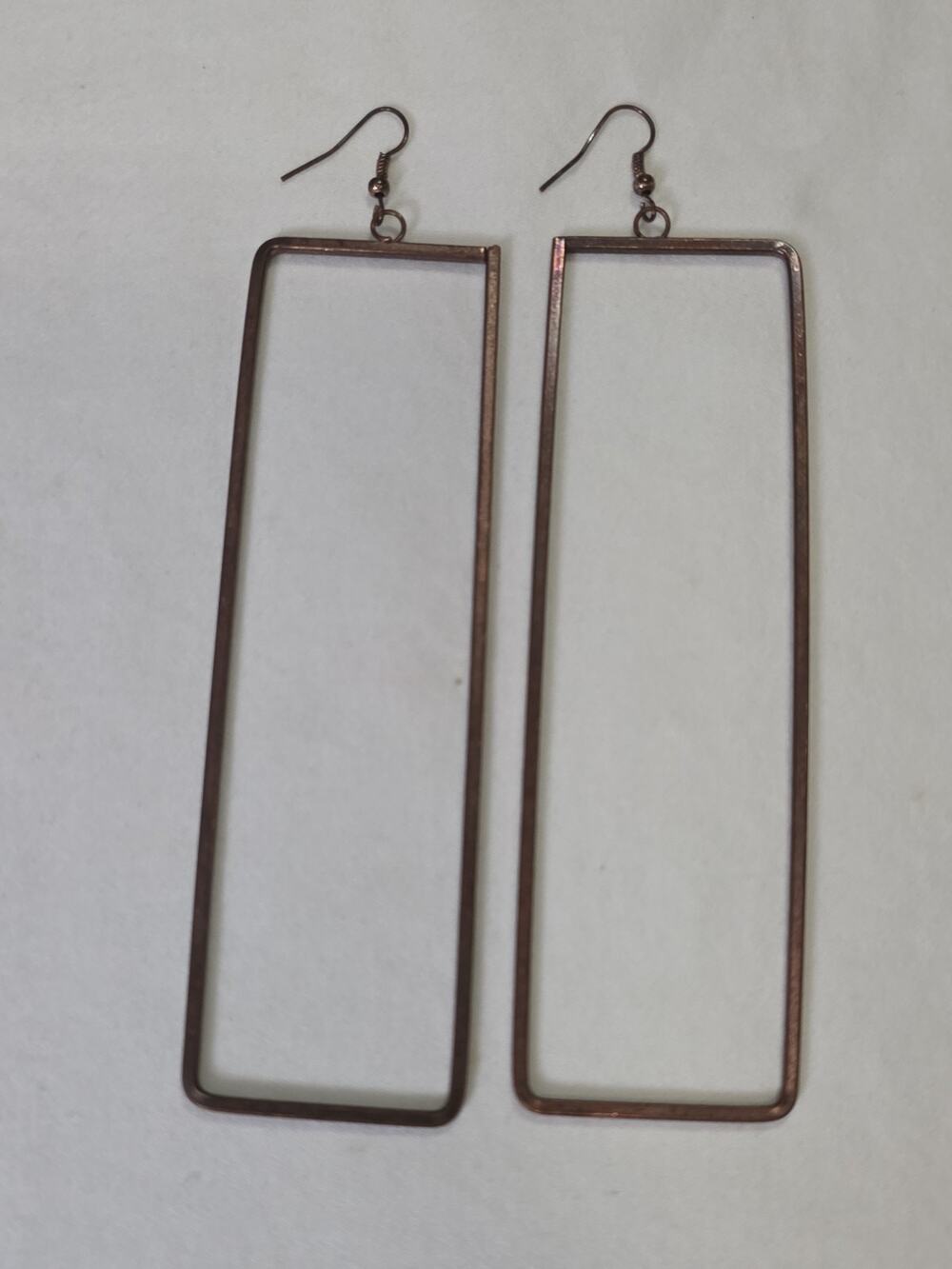 Large Long Dangle Drop Statement Earrings Rectangular Aged Copper Tone Pierced